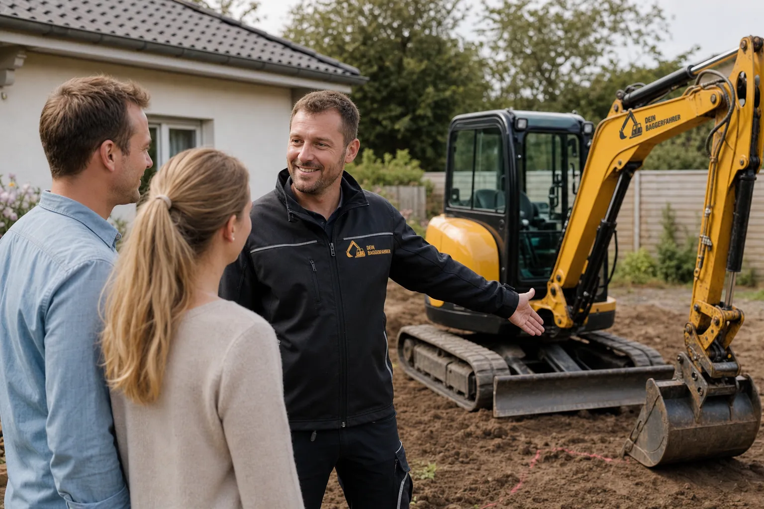 Baggerfahrer von deinbaggerfahrer berät ein Hausbesitzer-Paar im Garten
